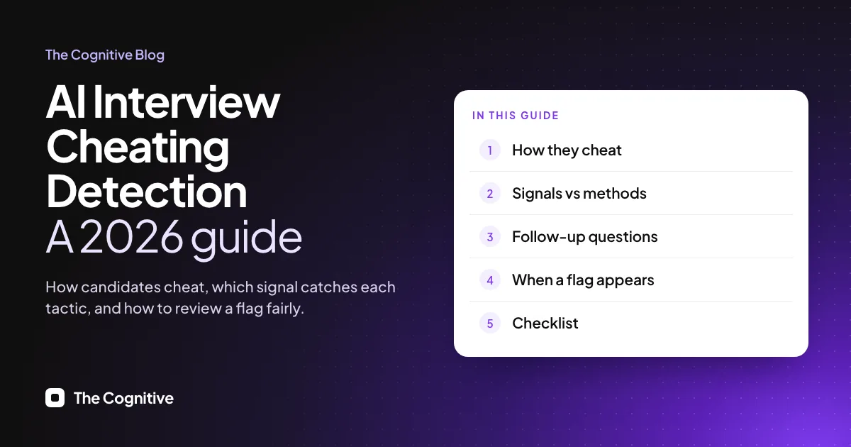 AI Interview Cheating Detection, a 2026 guide: how candidates cheat and which signal catches each tactic, with sections on signals vs methods, follow-up questions, reviewing a flag and a checklist