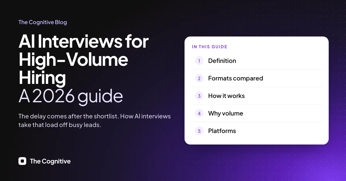 AI Interviews for High-Volume Hiring, a 2026 guide: how AI interviews take the load after the shortlist, with sections on the definition, formats compared, how it works, why volume and platforms