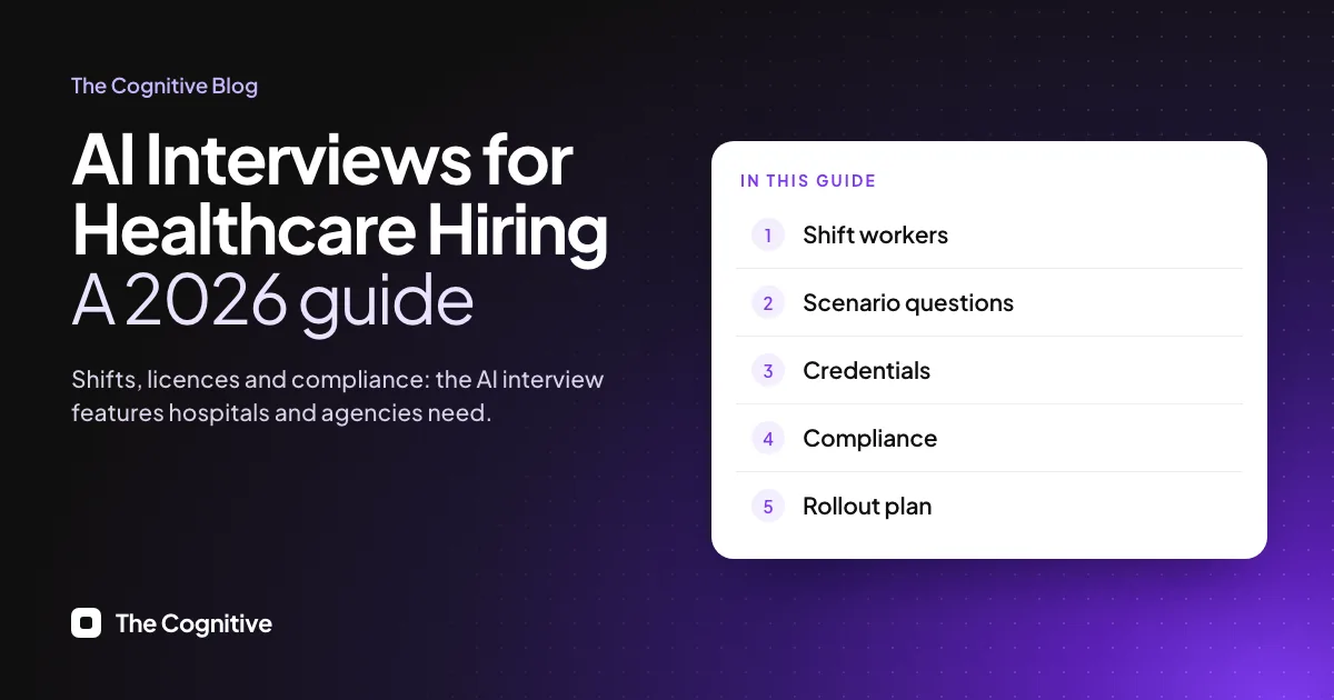 AI Interviews for Healthcare Hiring, a 2026 guide: the features hospitals and agencies need, with sections on shift workers, scenario questions, credentials, compliance and a rollout plan