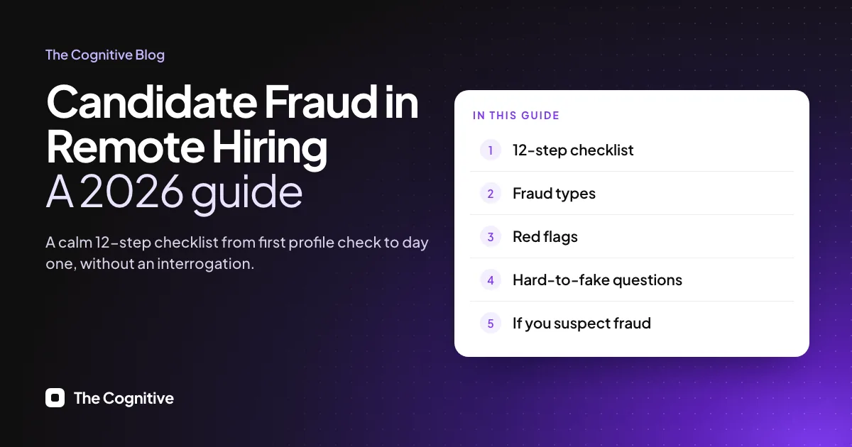 Candidate Fraud in Remote Hiring, a 2026 guide: a 12-step checklist from sourcing to day one, with sections on fraud types, red flags, hard-to-fake questions and what to do if you suspect fraud