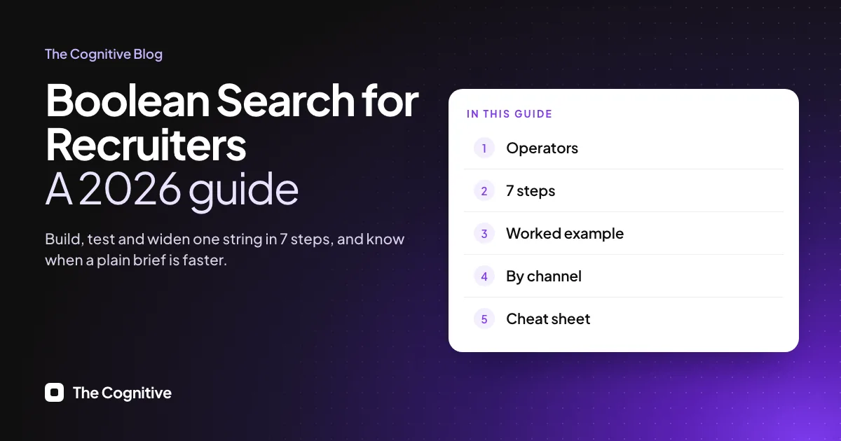 Boolean Search for Recruiters, a 2026 guide: build, test and widen one string, with sections on operators, 7 steps, a worked example, Boolean by channel and a cheat sheet