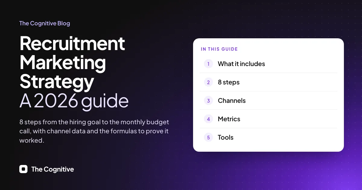 Recruitment Marketing Strategy, a 2026 guide: 8 steps from the hiring goal and EVP to channels, job ads, talent communities, outbound sourcing and measurement, with a channel table and metric formulas