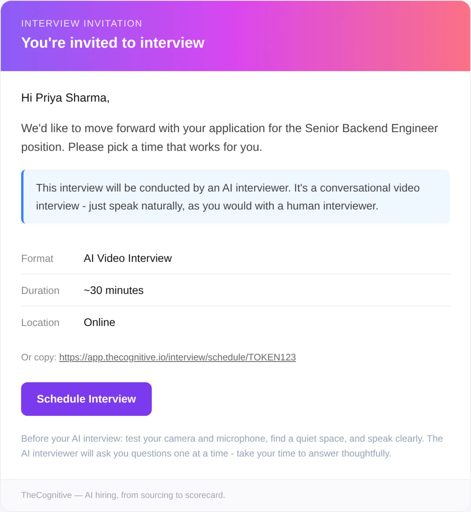 Interview invitation email telling the candidate the interview is conducted by an AI interviewer, with a scheduling link