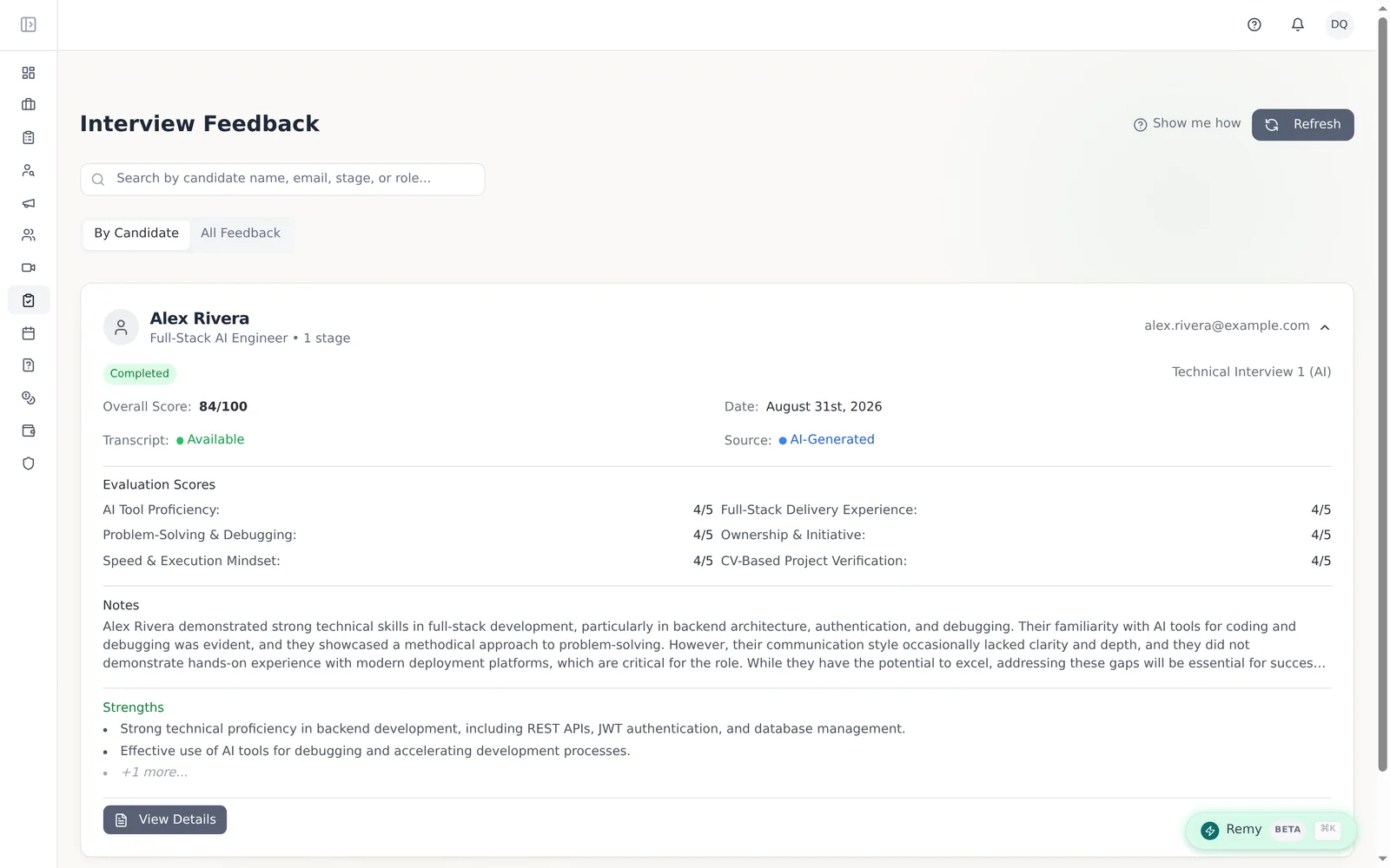 An AI interview scorecard: overall score, six evaluation criteria scored out of five, notes and strengths, with the transcript available